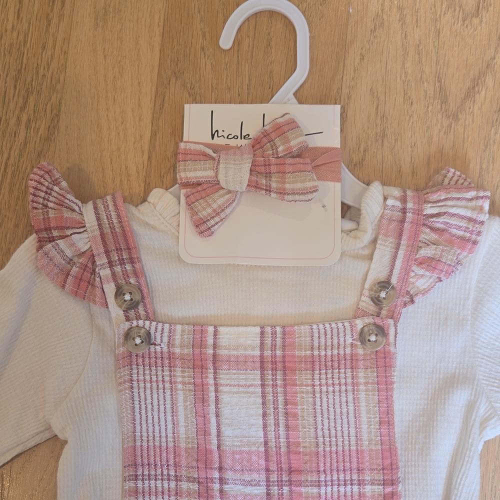 Nicole Miller NWT 24 Month Pink Plaid Overall Dress with White Top - Picture 4 of 9